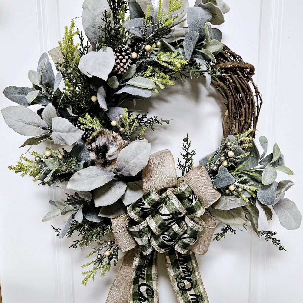 Christmas / Winter Wreath, Door Decoration, Greenery , Ribbon, Owl, Berries